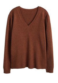 Pull brun en tricot à manches longues avec col en V et poignets et ourlet côtelés, fabriqué en tissu doux et texturé.