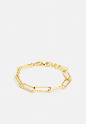 Gold chain bracelet with elongated rectangular links and lobster clasp closure on a white background.
