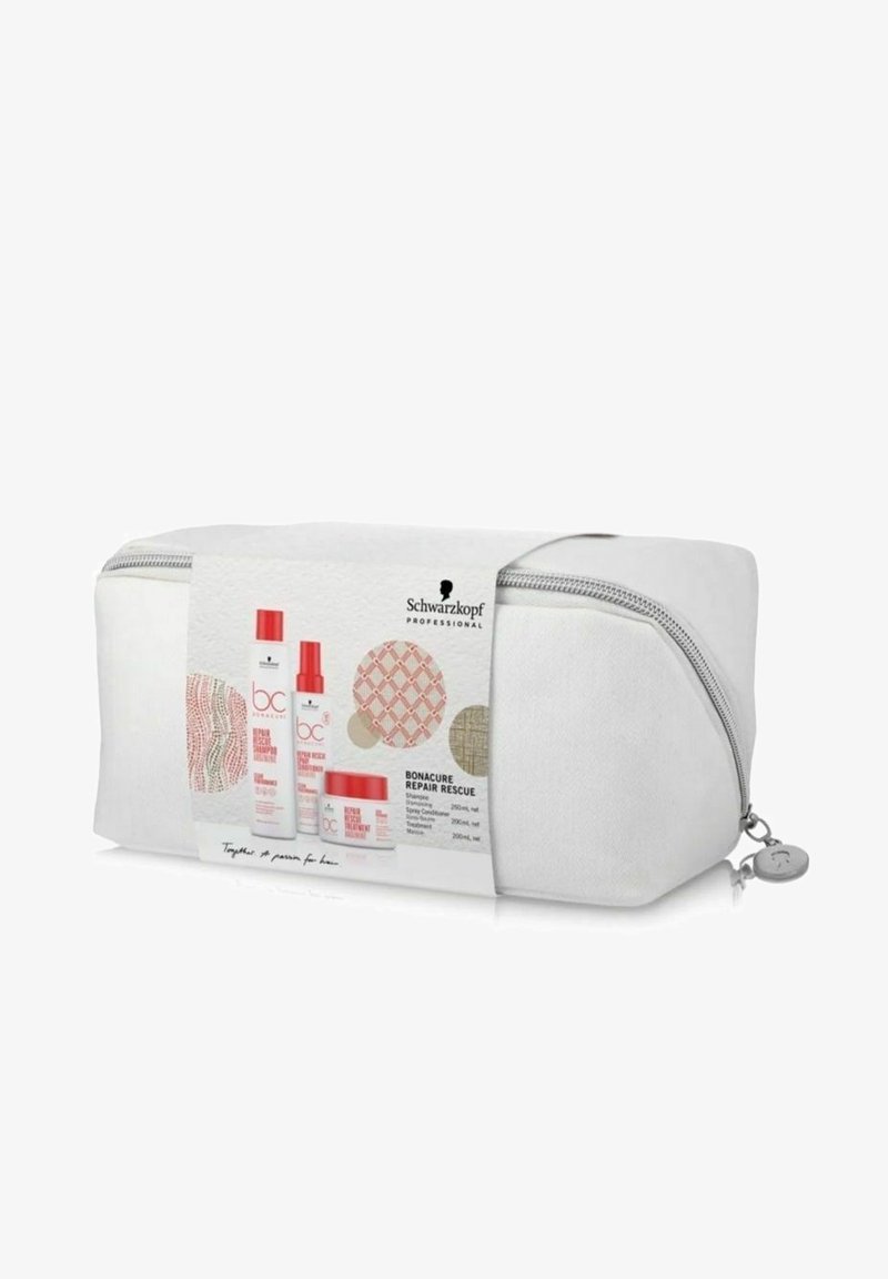 Vit kosmetikväska med en silverdragkedja, med en etikett som visar Schwarzkopf-produkter och cirkulära mönster i rött och beige.