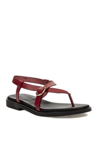 Sandalias de piel roja con un diseño de tira en T y detalle de anillo dorado, sobre un fondo neutro. Ideales para un uso casual en verano.