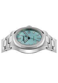 Stainless steel automatic watch with a teal-patterned dial, silver markers, and a date window. Features a smooth, curved case and bracelet.