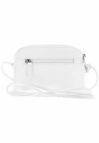 Borsa a tracolla bianca di forma rettangolare, con una tasca con zip, texture liscia, tracolla sottile e dettagli cuciti.