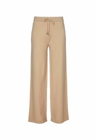 Pantaloni beige a gamba larga realizzati in un tessuto morbido, con una vita elastica testurizzata e un cordoncino. Vestibilità dritta e lunghezza completa.