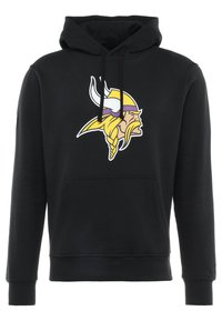 Sudadera negra de mezcla de algodón, con un bolsillo frontal y cordones. Muestra un logo de vikingo en amarillo, púrpura y blanco.