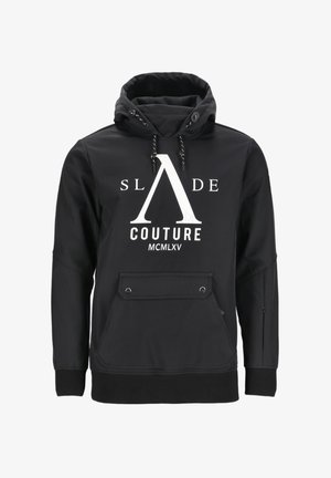 Black hoodie with a kangaroo pocket, white graphic text, drawstring hood, and accents. Smooth texture with ribbed cuffs and hem.