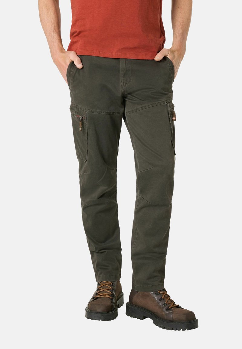 Cargo pants in dark green cotton blend, featuring multiple side pockets, a tapered fit, textured finish, and a simple waistband design.
