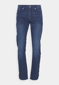 Dark blue denim jeans with a straight leg design, five-pocket style, and silver hardware. Smooth texture with slight fading.