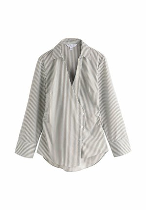 Langärmliges Hemd mit Knöpfen, beige, weiße und schwarze vertikale Streifen, einem Kragen und breiten Manschetten vor weißem Hintergrund.