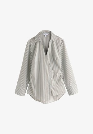 Long-sleeve, buttoned shirt with beige, white, and black vertical stripes, a collar, and wide cuffs on a white background.