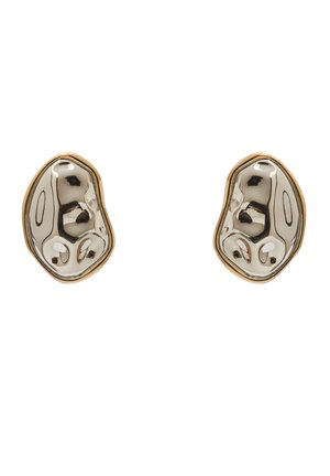 Orecchini metallici argento con una forma organica e astratta, bordati da un sottile bordo dorato; superficie liscia e riflettente con dettagli sottili.