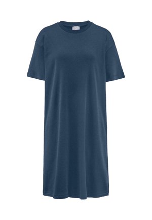Übergroßes T-Shirt-Kleid in Marineblau aus Baumwolle, mit kurzen Ärmeln, Rundhalsausschnitt und einer lockeren, geraden Silhouette.
