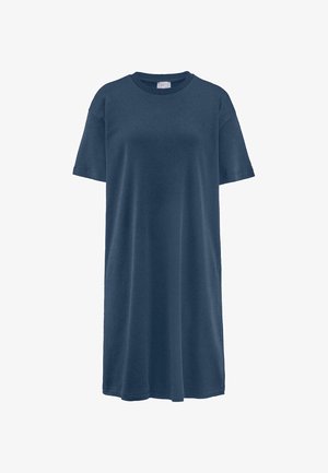 Übergroßes T-Shirt-Kleid in Marineblau aus Baumwolle, mit kurzen Ärmeln, Rundhalsausschnitt und einer lockeren, geraden Silhouette.
