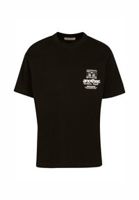 Tricou negru din bumbac, cu mâneci scurte, de tip crew neck, și cu un text și design grafic alb pe partea stângă sus.