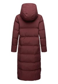Maroon puffer coat with a hood, featuring a quilted texture and long length. Includes side button accents and long sleeves.