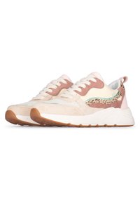 Sport sneakers featuring a combination of beige, light pink, and tan suede with mesh detailing. The sole is white with rubber tread accents.