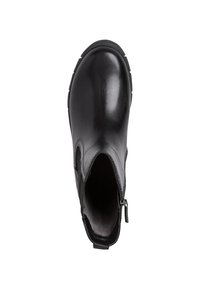 Black leather ankle boot with a smooth finish, elastic side panels, and a zipper for easy wear. Features a sturdy rubber sole.