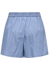 Vaaleansiniset puuvillashortsit, joissa on joustava vyötärö ja rento istuvuus. Ominaisuuksiin kuuluu sileä pinta ja reunat, jotka on huoliteltu. Yksinkertainen, koristelematon muotoilu.