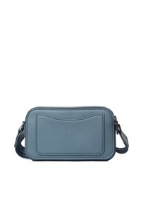 Borsa a tracolla sintetica blu con texture, chiusura con zip, tasca frontale piatta e tracolla regolabile. Forma rettangolare con linee pulite.