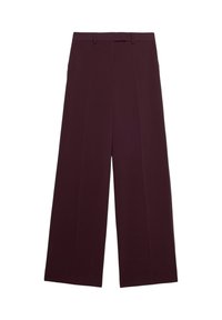 Široké kalhoty vyrobené z tmavě burgundské látky, s vysokým pasem, poutky na pásek a skladem vpředu pro upravený vzhled.