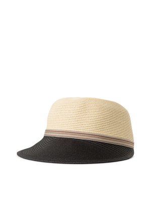 Two-tone hat with a cream upper half and black lower half. Features a textured, ridged design and a thin brown band around the crown.