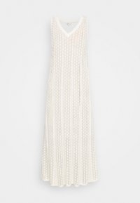 Robe longue blanche sans manches avec un col en V, présentant un motif en dentelle semi-transparent et des rayures texturées verticales.