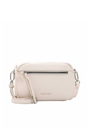 Petit sac bandoulière en cuir beige clair avec poche zippée à l'avant, ferrures argentées, sangle ajustable et logo SURI FREY.