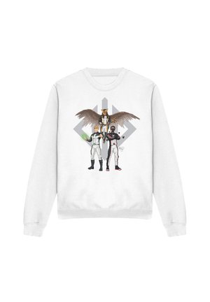 White sweatshirt with graphic of two futuristic characters in suits and a winged figure with armor and staff behind them.