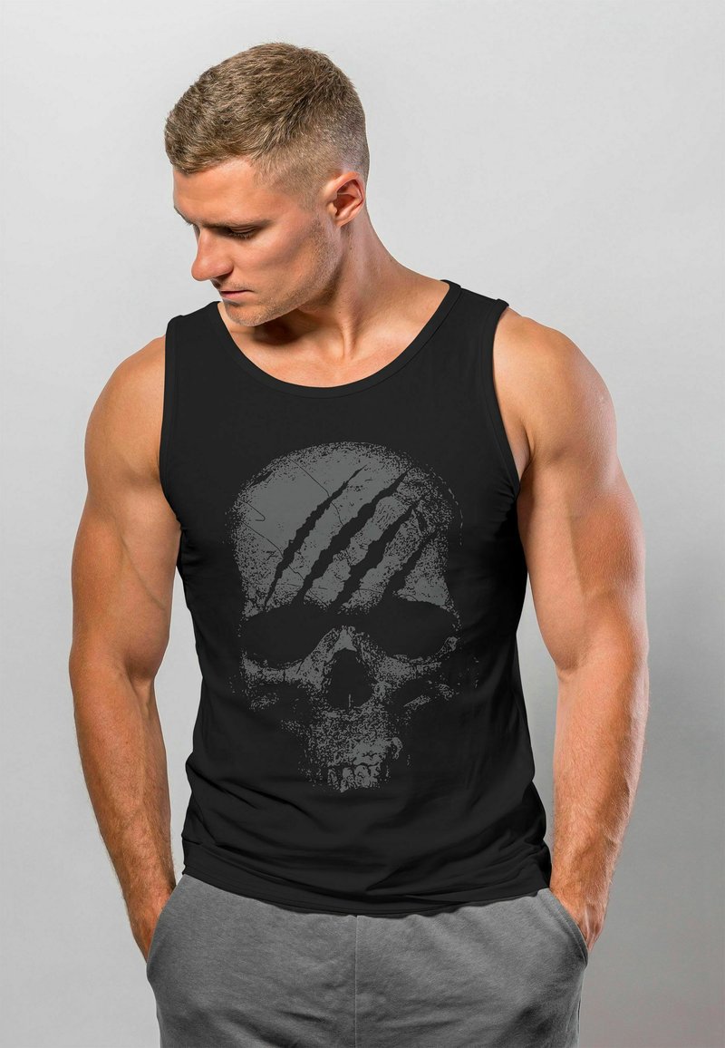 Black tank top featuring a large, distressed skull graphic with claw marks. Smooth fabric, fitted design, and sleeveless cut.