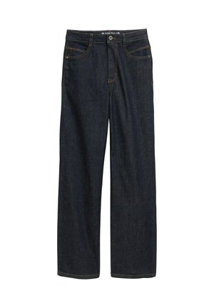 Jeans dritti blu scuro con bottone e cerniera anteriori, tasche frontali e cuciture a contrasto.