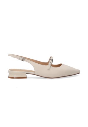 Beige slingback flat shoe with a pointed toe, small block heel, adjustable strap, and a smooth leather upper.