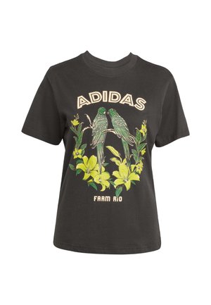Dark gray cotton t-shirt featuring two green parrots amid yellow flowers, with "ADIDAS" and "FARM RIO" printed in a stylized font.