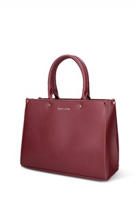 Borsa in pelle rossa con effetto martellato, dotata di doppi manici, dettaglio in metallo color oro e forma rettangolare strutturata. Presenta un logo discreto.