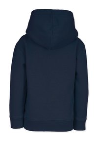 Mörkblå hoodie med en stor ficka, ribbad mudd och nederkant. Klassisk pull-over design med en huva bak. Mjuk textur.