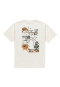 Short-sleeve cream t-shirt featuring a graphic design with a brown circle logo, green plant illustration, and sunburst accents.