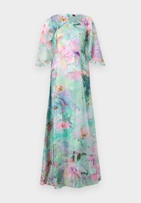 Maxi-Kleid aus durchscheinendem Stoff, mit einem grünen und pastellfarbenen Blumendruck, in gewelltem Design und kurzen, schaufeligen Ärmeln.