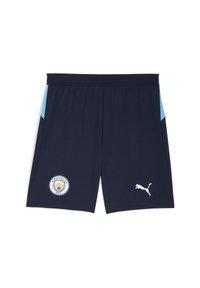 Shorts de sport navy avec des accents bleu clair. Présente le logo de Manchester City et le logo blanc de Puma. Fabriqué à partir de matériau respirant, avec une taille élastique.