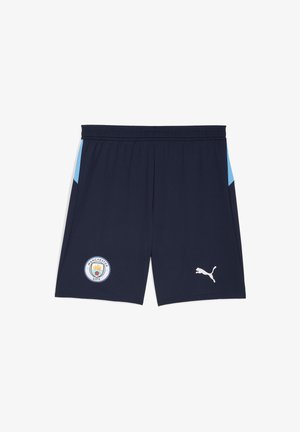 Pantalones cortos deportivos de la marina con acentos en azul claro. Presenta el logo del Manchester City y el logo en blanco de Puma. Fabricados con material transpirable, cinturilla elástica.