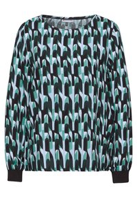 Långärmad topp med ett geometriskt mönster i grönt, svart och vitt. Tillverkad av mjukt tyg med rundad hals och elastiska ärmslut.