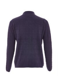 Violetter Pullover mit langen Ärmeln, der ein strukturiertes Muster, einen hohen Ausschnitt und eine entspannte Passform mit geraden Ärmeln aufweist.