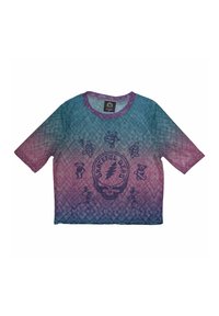 Short-sleeve t-shirt featuring a gradient design in pink and blue, with Grateful Dead graphics including a skull and dancing bears.