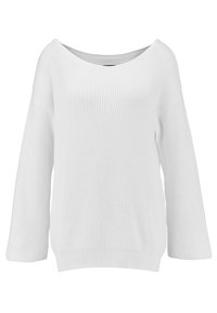 Bílý pletený svetr s dlouhými rukávy, širokým kulatým výstřihem a ribbovaným lemem, vystavený na čistě bílém pozadí.