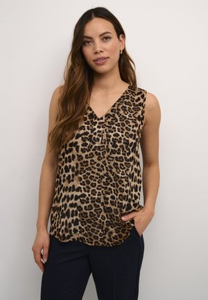 Top senza maniche in stampa leopardata con scollatura a V, realizzato in tessuto leggero. Presenta una vestibilità rilassata e orlo curvo.