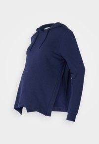 Navy blue maternity hoodie with a front pocket, adjustable drawstrings, and side slits for extra comfort and room, made from soft cotton blend.