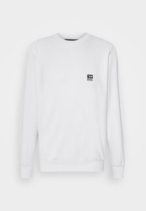 Sweat-shirt blanc à manches longues avec col rond, petit logo Diesel noir sur la poitrine gauche, et poignets et ourlet côtelés.