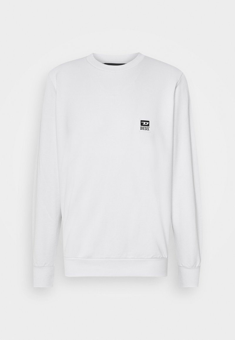 Sweat-shirt blanc à manches longues avec col rond, petit logo Diesel noir sur la poitrine gauche, et poignets et ourlet côtelés.