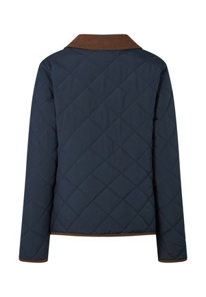 Tmavě modrá prošívaná bunda s hnědým manšestrovým límcem a hnědým lemováním na manžetách a lemu, zobrazena zezadu.