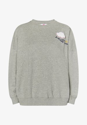 Sudadera gris con cuello redondo, mangas largas y un diseño bordado de una nube y un sol con el texto "nublado con posibilidad de buenas vibras."