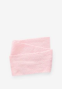 Rosa gestricktes Stirnband mit ribbeliger Textur und Kabelmuster. Weicher Stoff mit breitem Banddesign, ideal für Wärme und Komfort.