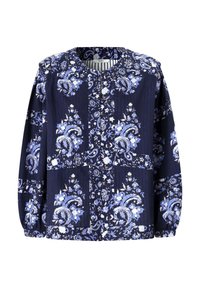 Marineblaue Bluse mit langen Ärmeln, hellblauem und weißem Blumen-Paisley-Muster und rundem Ausschnitt.