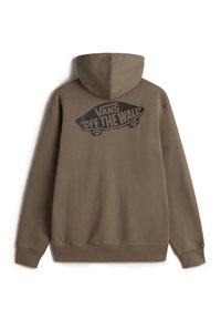 Brauner Hoodie mit einem großen schwarzen Grafikdruck, der den Text "VANS" und "OFF THE WALL" zeigt. Normaler Schnitt mit Kapuze, langen Ärmeln und gerippten Bündchen.